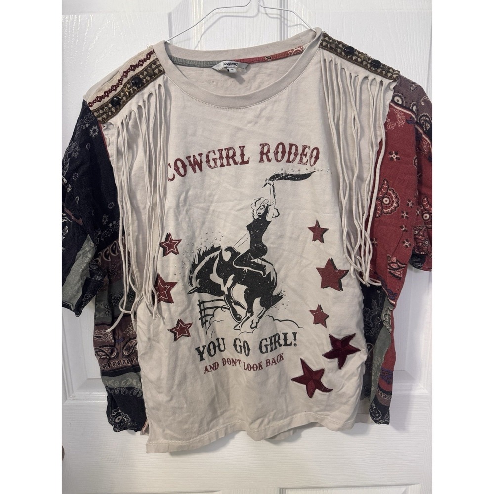 Desigual Womens M Cowgirl Rodeo Fringe Bandana Paisley Western Graphic T Shirt